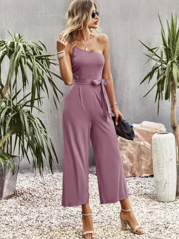 solid color one-shoulder tie jumpsuit kakaclo