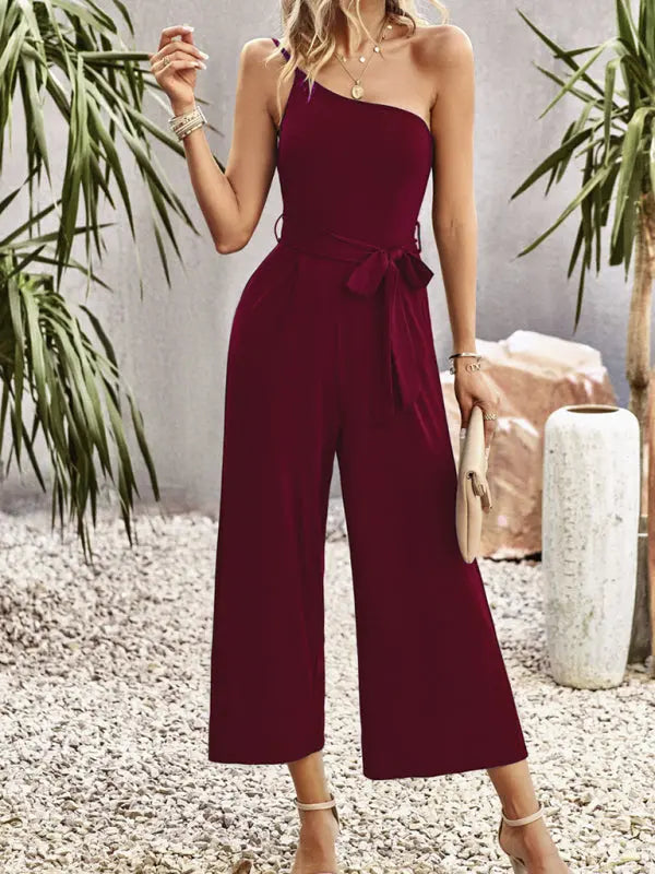 solid color one-shoulder tie jumpsuit kakaclo