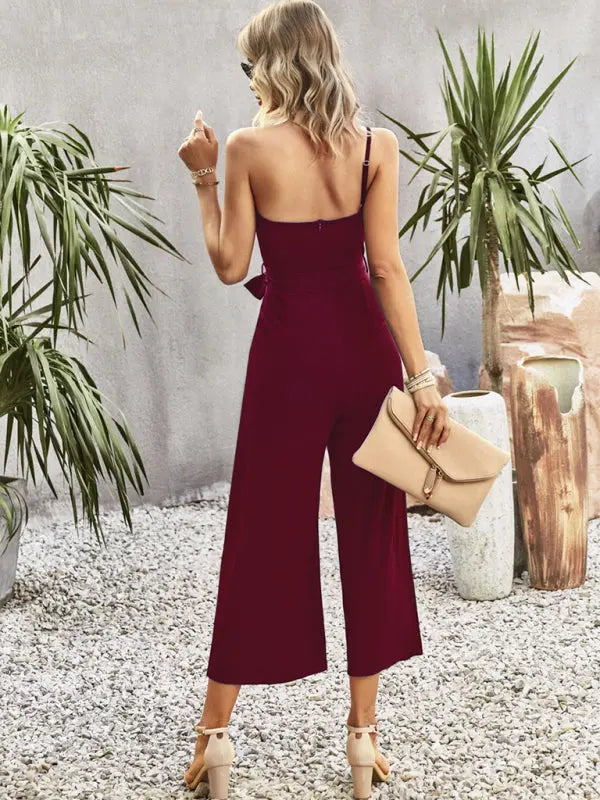 solid color one-shoulder tie jumpsuit kakaclo