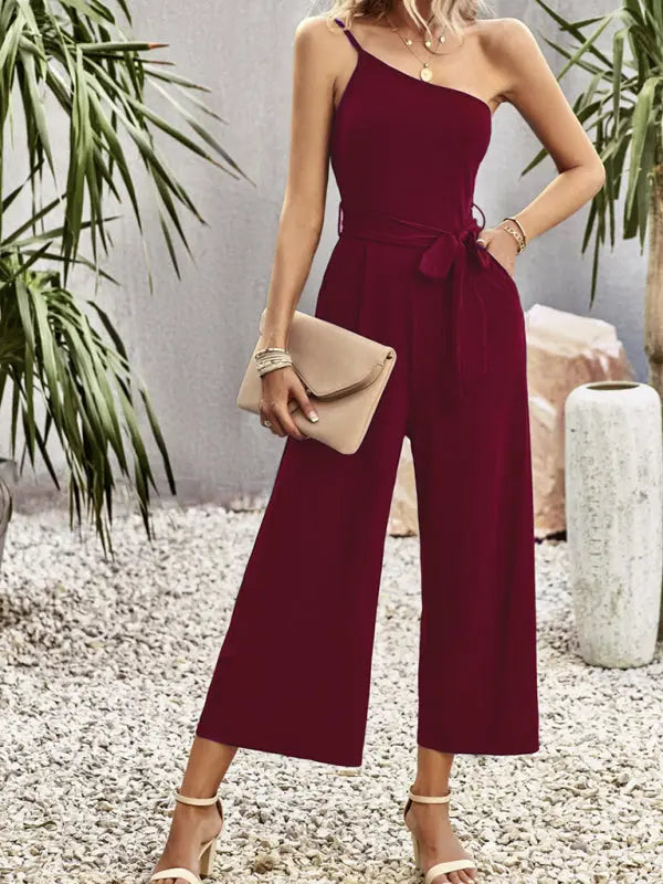 solid color one-shoulder tie jumpsuit kakaclo