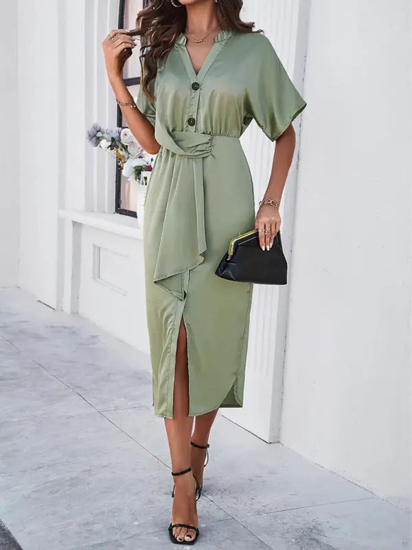 solid color temperament V-neck short-sleeved dress kakaclo