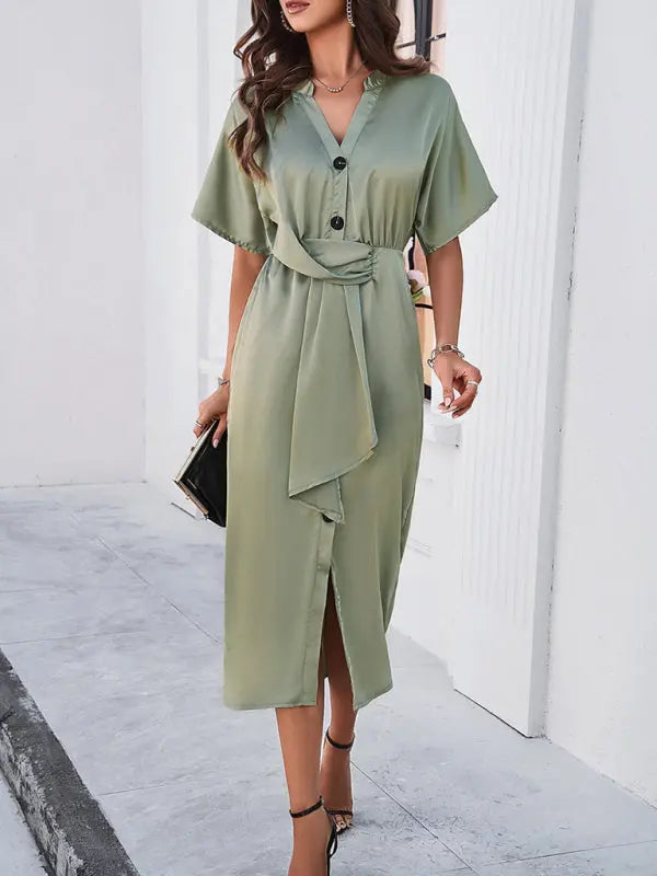 solid color temperament V-neck short-sleeved dress kakaclo