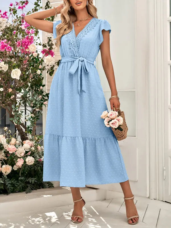 solid color tie waist lace V-neck dress BLUE ZONE PLANET