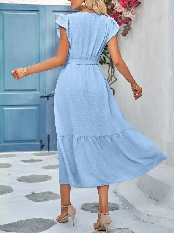 solid color tie waist lace V-neck dress BLUE ZONE PLANET