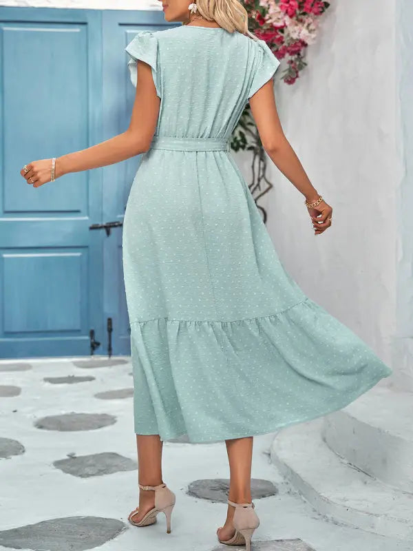 solid color tie waist lace V-neck dress BLUE ZONE PLANET