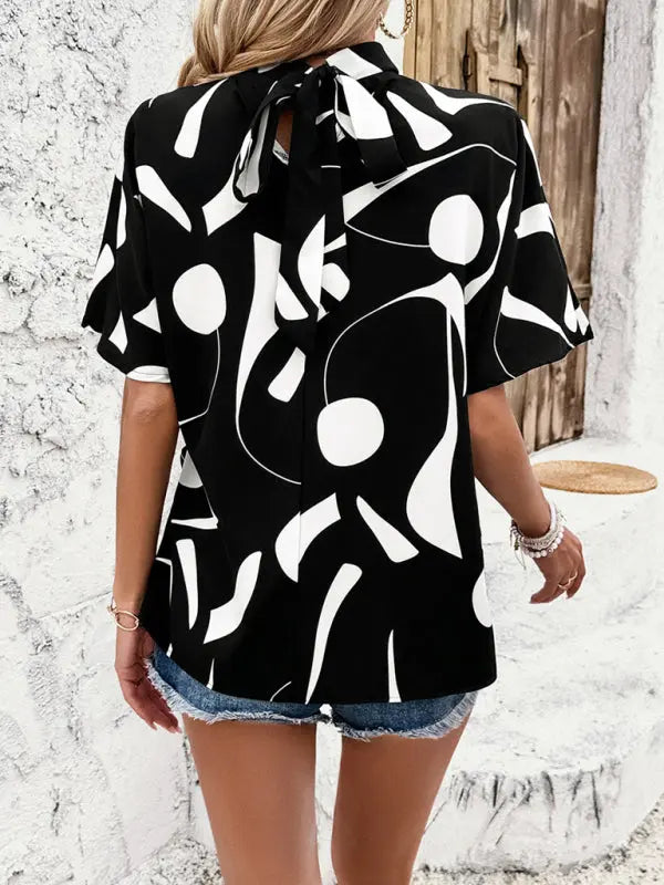 stand collar casual loose printed short sleeve top kakaclo