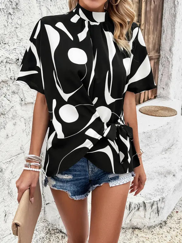 stand collar casual loose printed short sleeve top kakaclo