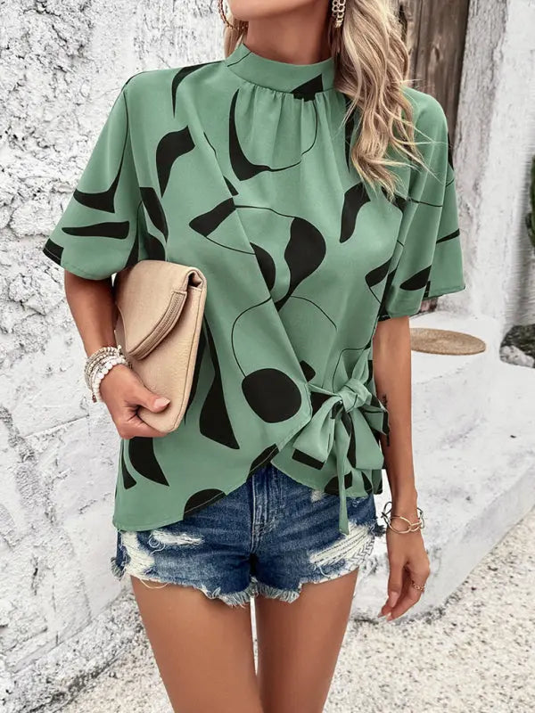 stand collar casual loose printed short sleeve top kakaclo