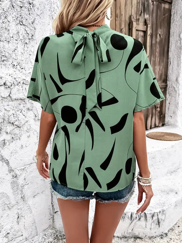 stand collar casual loose printed short sleeve top kakaclo