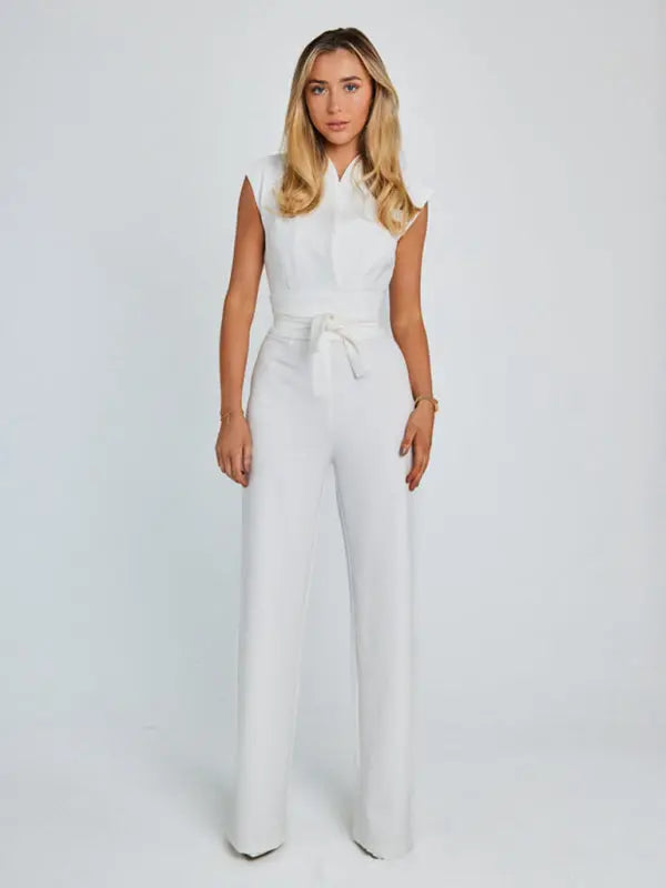 style strapped waist solid color V-neck sleeveless wide-leg jumpsuit kakaclo