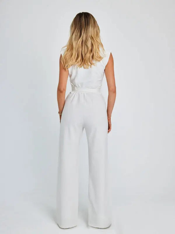 style strapped waist solid color V-neck sleeveless wide-leg jumpsuit kakaclo