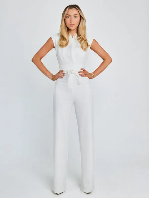 style strapped waist solid color V-neck sleeveless wide-leg jumpsuit kakaclo