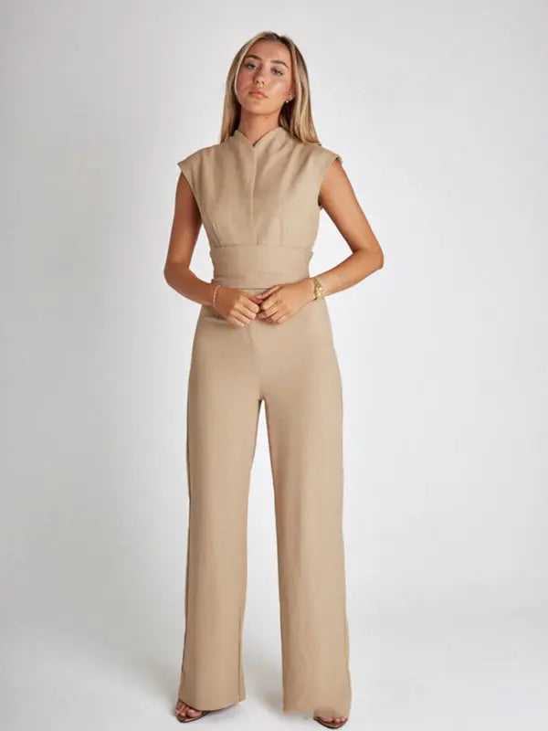 style strapped waist solid color V-neck sleeveless wide-leg jumpsuit kakaclo