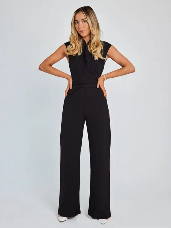 style strapped waist solid color V-neck sleeveless wide-leg jumpsuit kakaclo