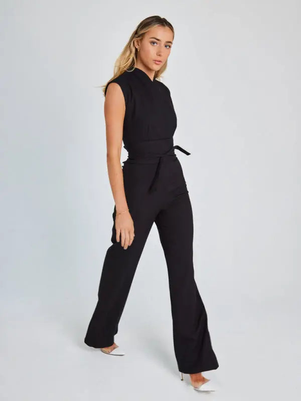 style strapped waist solid color V-neck sleeveless wide-leg jumpsuit kakaclo