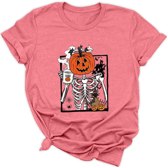 Blue Zone Planet | Women's Halloween Pumpkin Skeleton Graphic Tee-TOPS / DRESSES-[Adult]-[Female]-Pink-S-2022 Online Blue Zone Planet