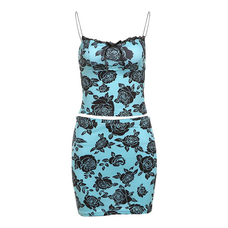 Blue Zone Planet | rose print spaghetti straps sexy slim hip skirt suit-TOPS / DRESSES-[Adult]-[Female]-Blue-S-2022 Online Blue Zone Planet