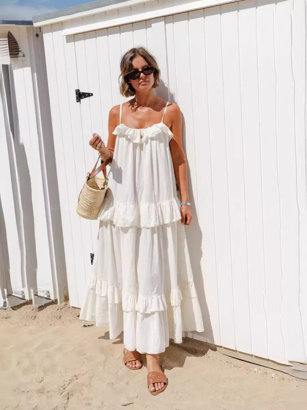 Blue Zone Planet | holiday style ruffled long dress with long swing and elegant beach dress-TOPS / DRESSES-[Adult]-[Female]-White-S-2022 Online Blue Zone Planet