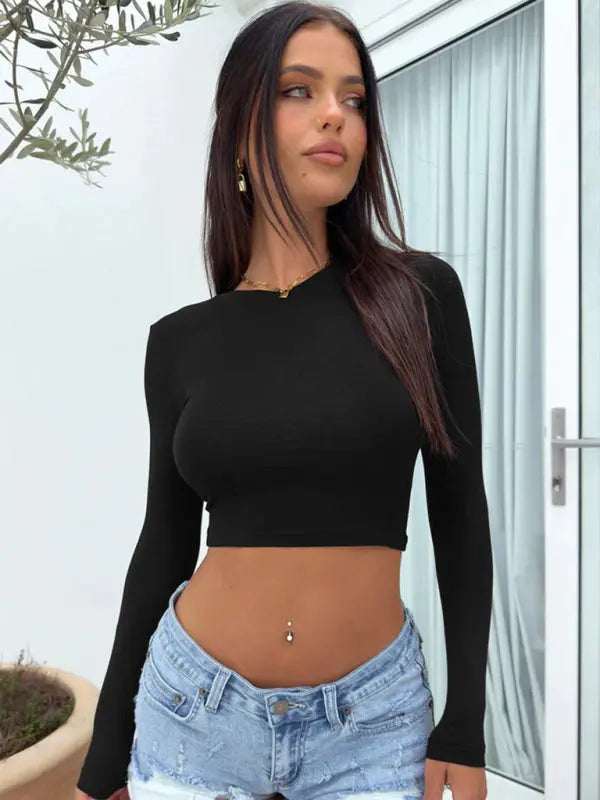 tight-fitting navel-baring hot girl outfit super short long-sleeved T-shirt BLUE ZONE PLANET