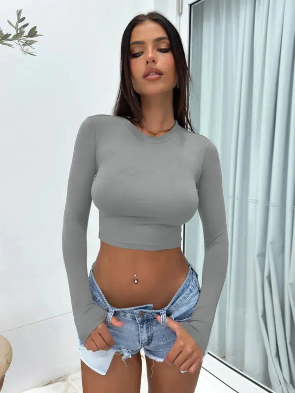 tight-fitting navel-baring hot girl outfit super short long-sleeved T-shirt BLUE ZONE PLANET