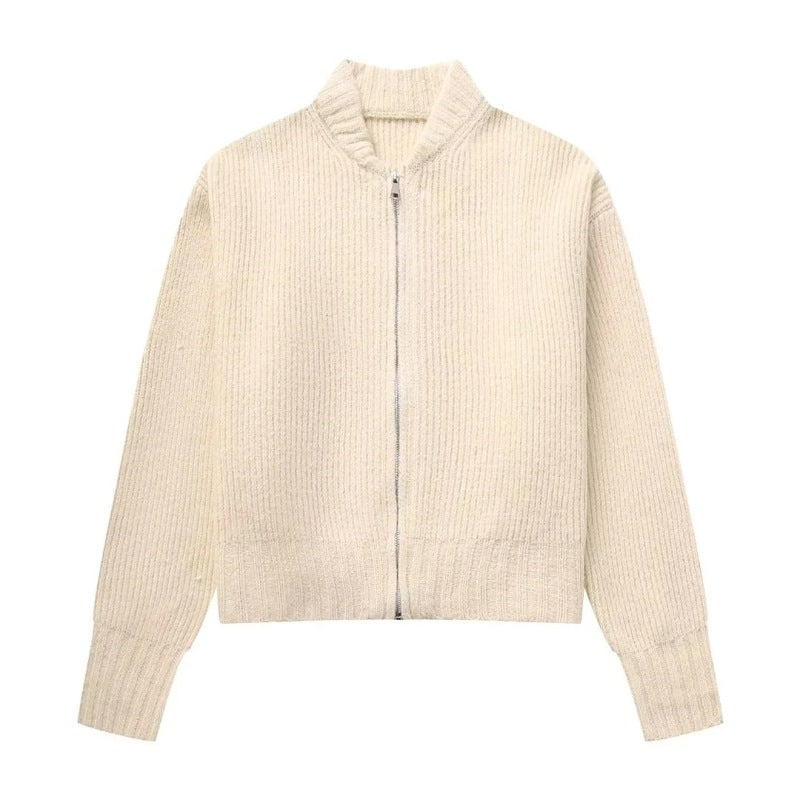 New able stand collar solid color loose zipper knitted cardigan sweater-[Adult]-[Female]-Cream-S-2022 Online Blue Zone Planet