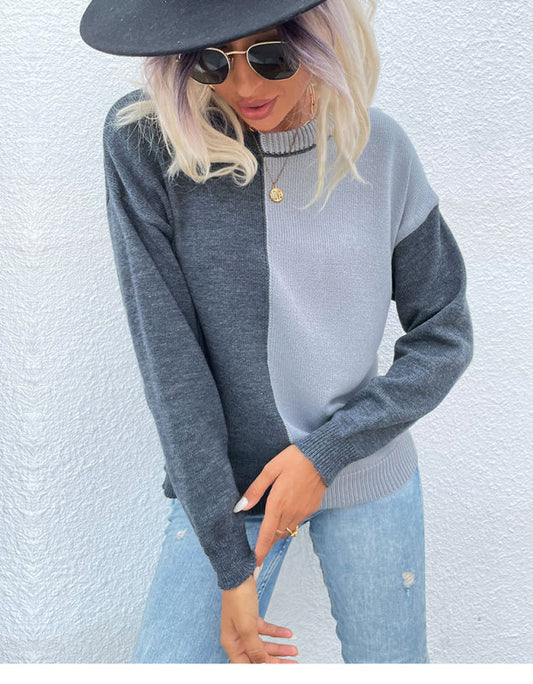 Round neck contrasting sweater with loose pullover knit BLUE ZONE PLANET