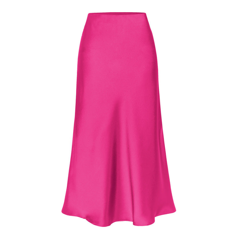 Blue Zone Planet | Satin High Waist Solid Color Split Midi Skirt-[Adult]-[Female]-Rose-S-2022 Online Blue Zone Planet