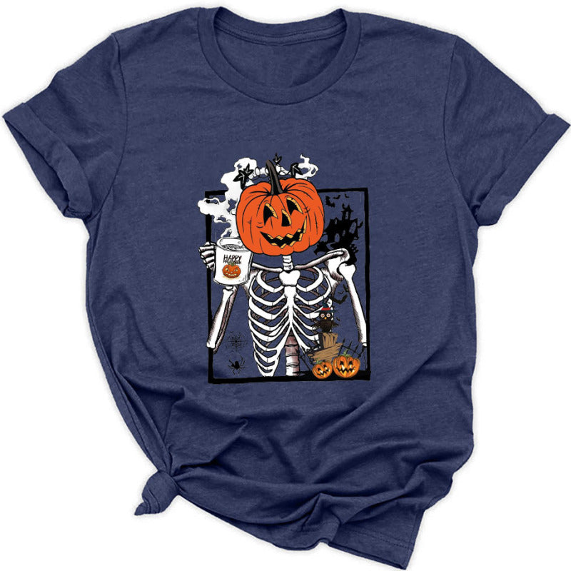 Blue Zone Planet | Women's Halloween Pumpkin Skeleton Graphic Tee-TOPS / DRESSES-[Adult]-[Female]-Blue-S-2022 Online Blue Zone Planet