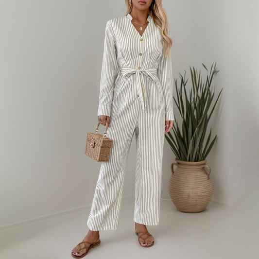 Jane's V-neck Striped Lace-up Jumpsuit-TOPS / DRESSES-[Adult]-[Female]-Cracker khaki-S-2022 Online Blue Zone Planet