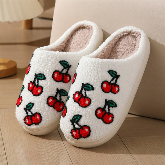 Cherry Pattern Cotton Slippers Indoor Home Plush Warm Slippers-[Adult]-[Female]-White-36/37-2022 Online Blue Zone Planet