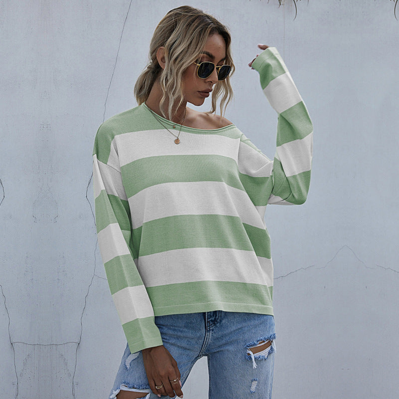 women's loose round neck long sleeve knitted striped sweater-[Adult]-[Female]-Green-S-2022 Online Blue Zone Planet