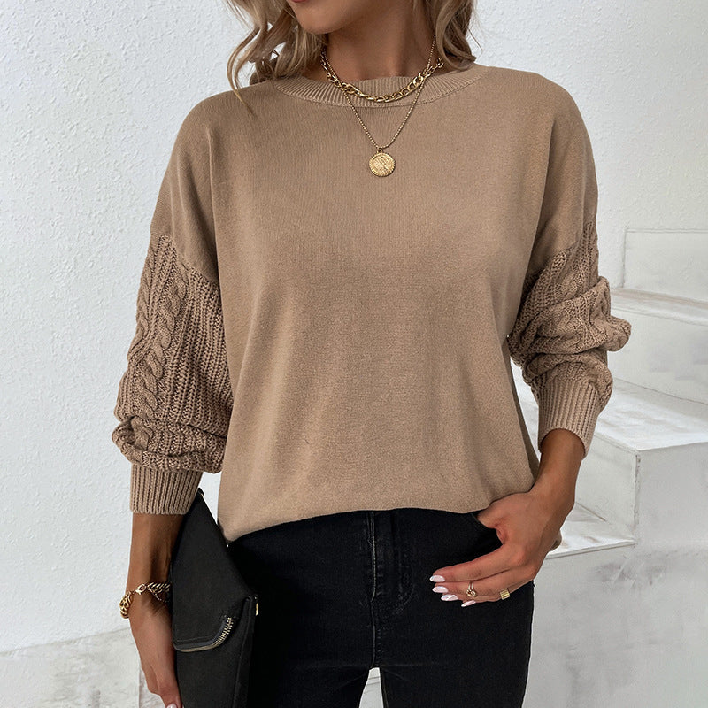 Solid Round Neck Twist Knit Balloon Sleeve Sweater-[Adult]-[Female]-Khaki-M-2022 Online Blue Zone Planet