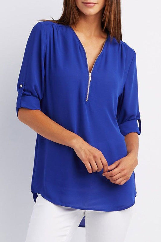 Blue Zone Planet | V-neck zipper large size long-sleeved pull-sleeve loose commuter chiffon shirt BLUE ZONE PLANET