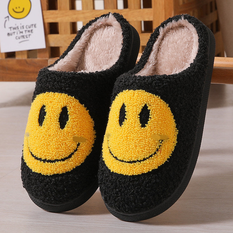 Colorful smiley face pattern cotton slippers indoor home plush warm slippers-[Adult]-[Female]-Black-44/45-2022 Online Blue Zone Planet