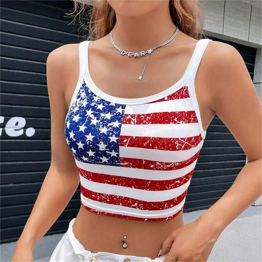 Independence Day flag print short slim fit Y2K navel-baring sexy top-[Adult]-[Female]-White-S-2022 Online Blue Zone Planet