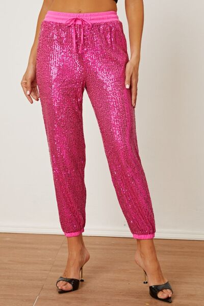 Sequin Drawstring Pants with Pockets-BOTTOM SIZES SMALL MEDIUM LARGE-[Adult]-[Female]-Hot Pink-S-2022 Online Blue Zone Planet