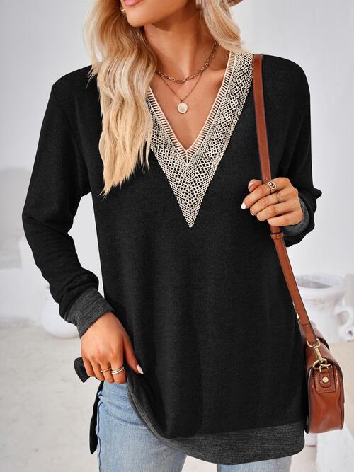 Crochet Contrast V-Neck Long Sleeve Slit T-Shirt BLUE ZONE PLANET