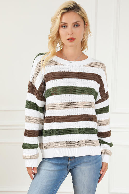 Striped Openwork Dropped Shoulder Sweater BLUE ZONE PLANET