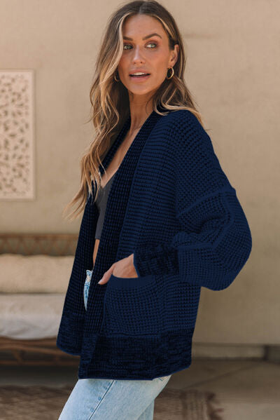 Waffle-knit Pocketed Open Front Cardigan BLUE ZONE PLANET