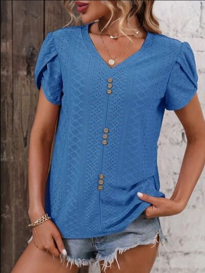 Blue Zone Planet |  Eyelet V-Neck Petal Sleeve T-Shirt BLUE ZONE PLANET