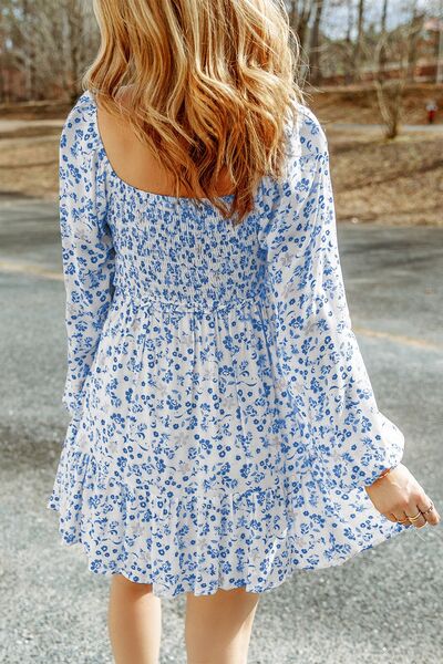 Smocked Floral Square Neck Balloon Sleeve Dress BLUE ZONE PLANET
