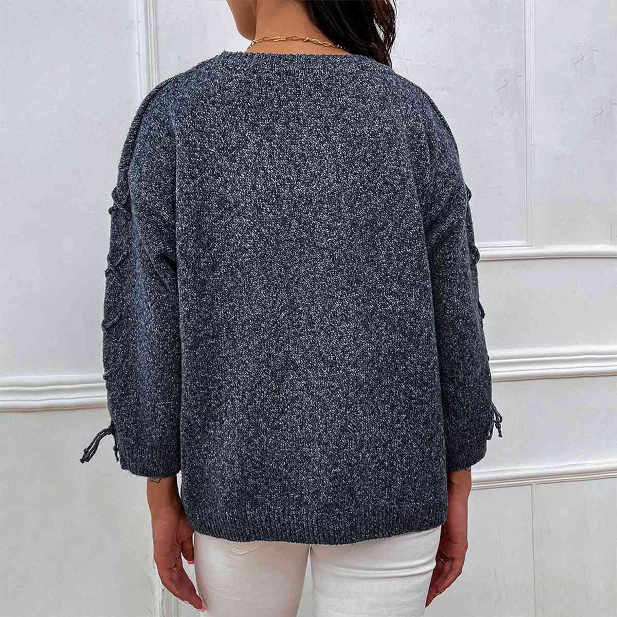 Lace-Up Long Sleeve Round Neck Sweater BLUE ZONE PLANET