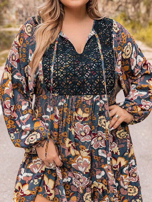 Plus Size Floral Tie Neck Balloon Sleeve Mini Dress BLUE ZONE PLANET