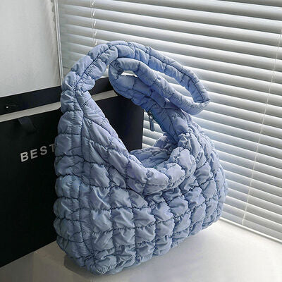Quilted Pleated Plaid Shoulder Bag with Zipper BLUE ZONE PLANET
