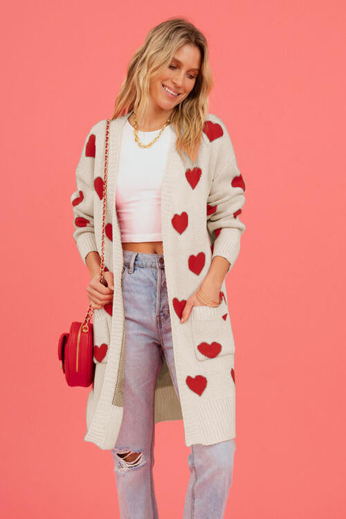 Heart Graphic Open Front Cardigan with Pockets BLUE ZONE PLANET