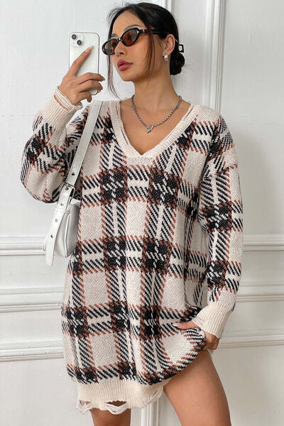 Plaid V-Neck Long Sleeve Sweater Dress BLUE ZONE PLANET