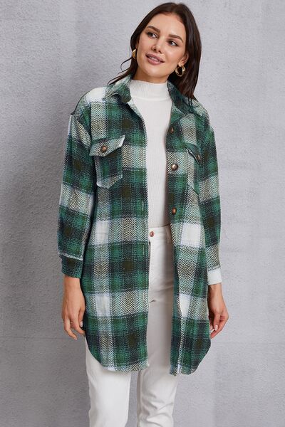 Plaid Button Up Dropped Shoulder Coat with Pockets-TOPS / DRESSES-[Adult]-[Female]-Green-S-2022 Online Blue Zone Planet