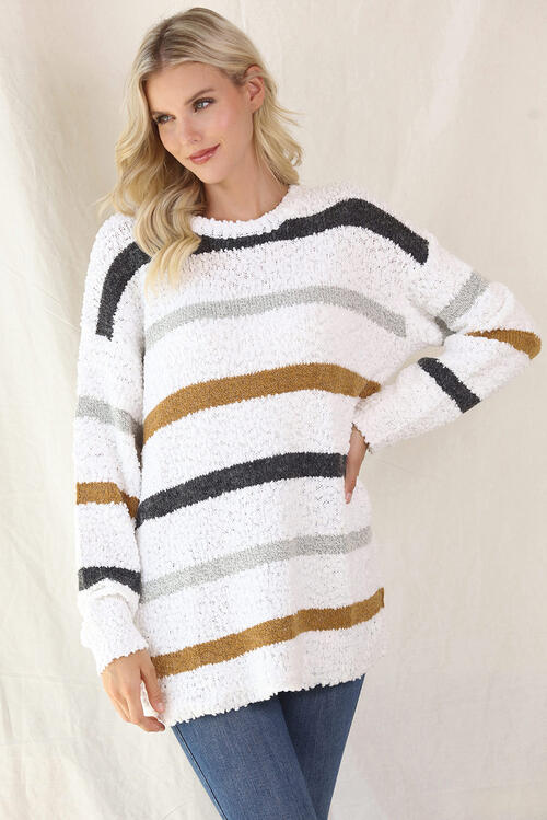 Striped Round Neck Long Sleeve Sweater BLUE ZONE PLANET