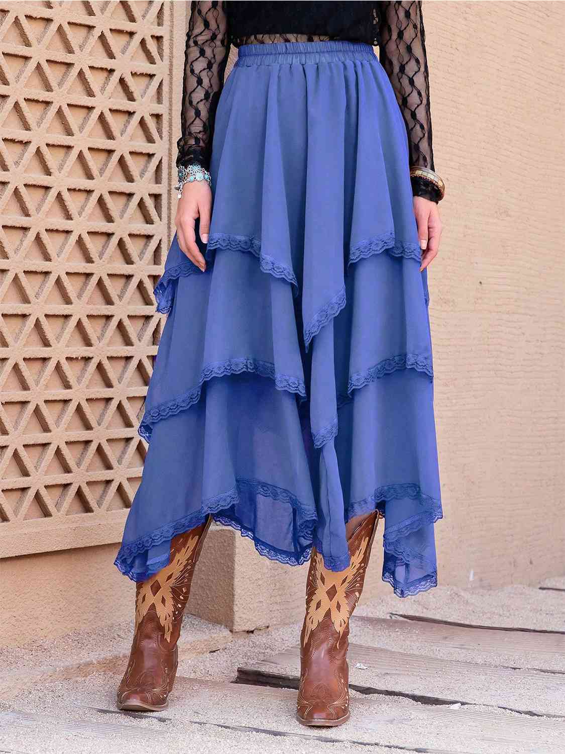 Tiered Lace Detail Midi Skirt-BOTTOMS SIZES SMALL MEDIUM LARGE-[Adult]-[Female]-2022 Online Blue Zone Planet