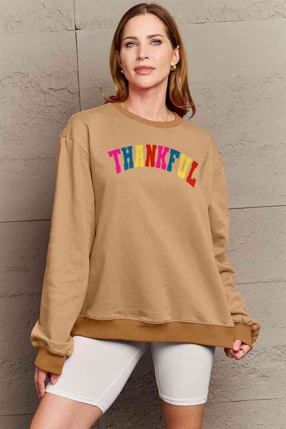 Simply Love Full Size THANKFUL Graphic Sweatshirt BLUE ZONE PLANET